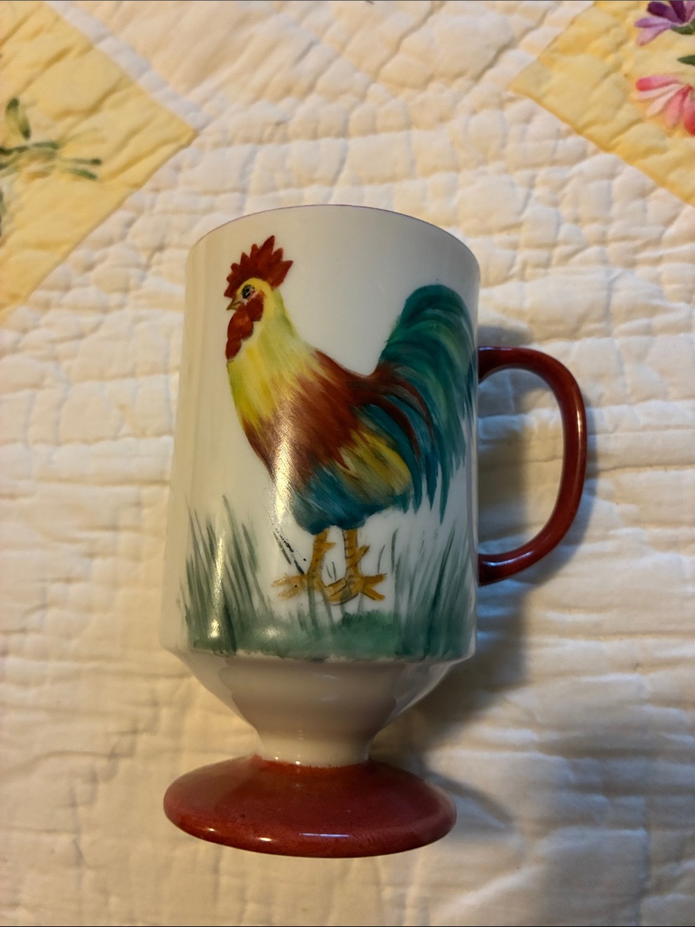 Hand-Painted Vintage Rooster Pedestal Mug in Red and Multi-Color